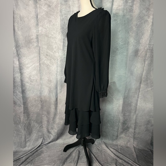 Monica Richards Vintage Elegant Black Layered Dress with Semi-Sheer Sleeves - Picture 3 of 11